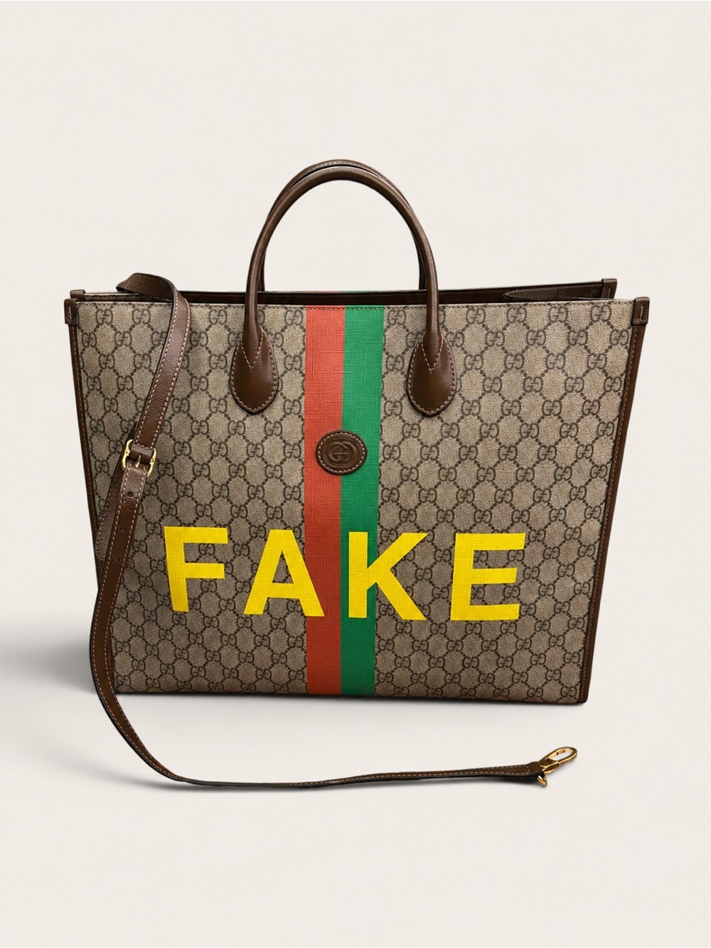 Gucci Brown Monogram Tote with Red and Green Stripe and Yellow Lettering